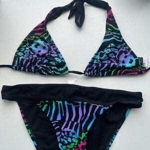 2010s E-girl Triangle Vintage Bikini Set with Neon Animal Print S/M Aquafunky